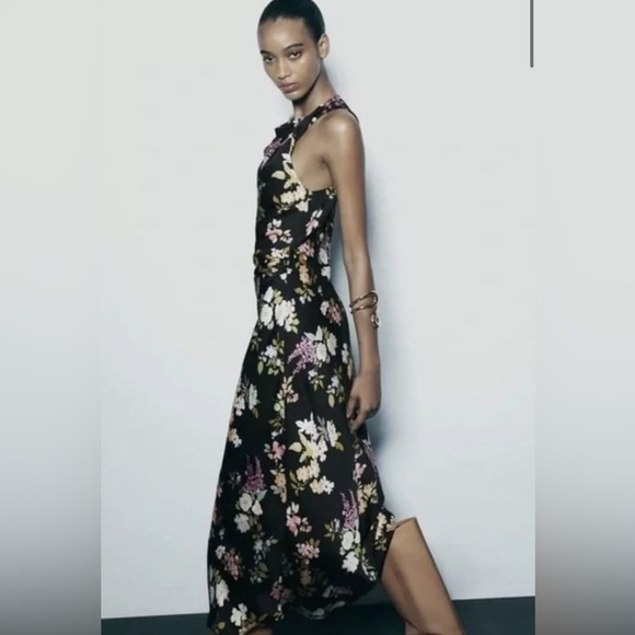 Zara Gathered Floral Print Midi Dress Event Wedding Guest Spring Size XL - Picture 3 of 16